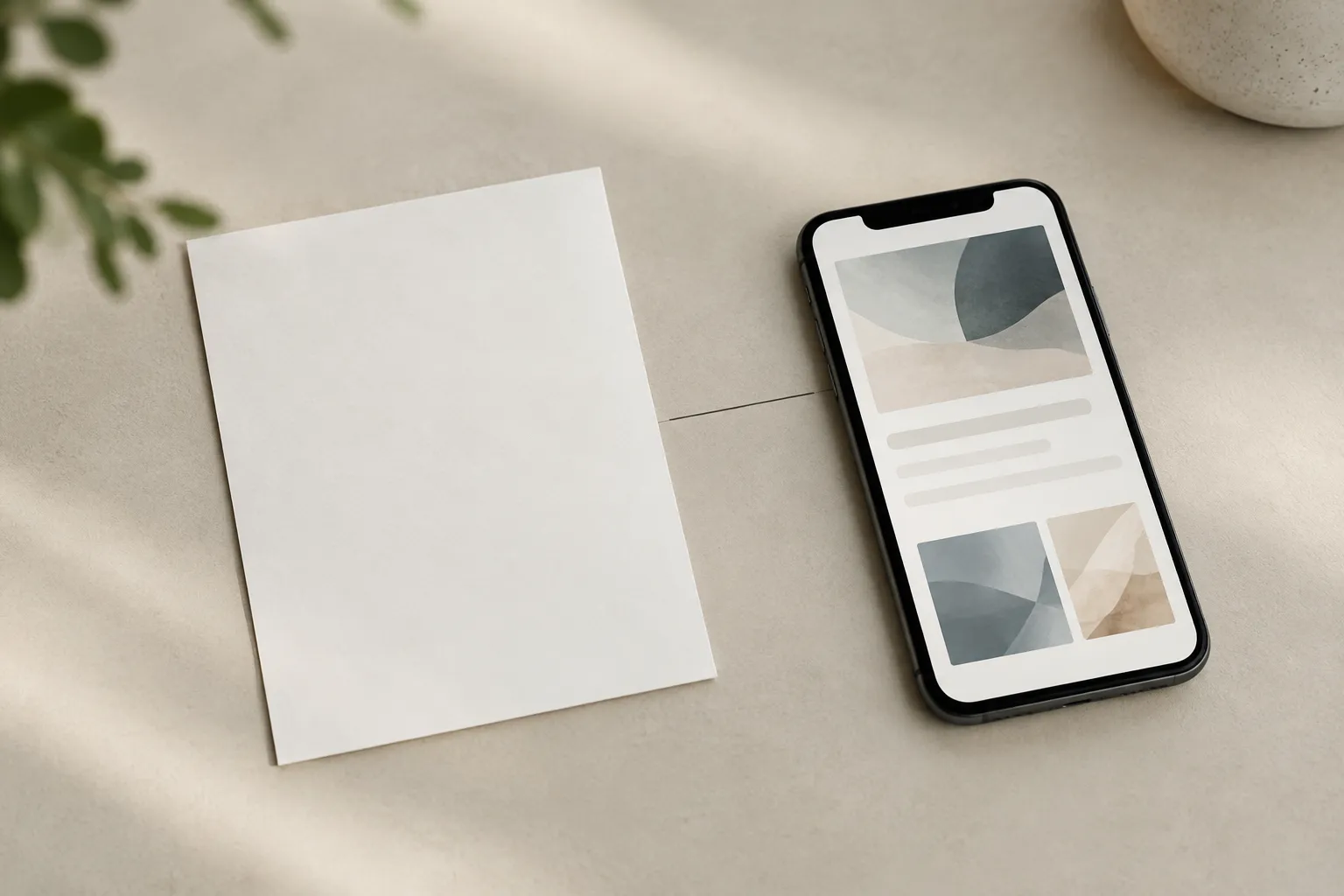 Un biglietto bianco è accanto a uno smartphone con forme astratte e campi di un modulo, collegati da una linea sottile