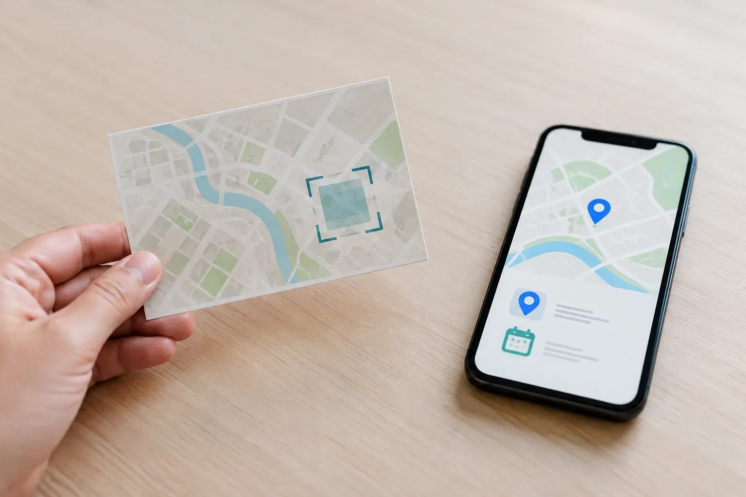 Una mano tiene una mappa cartacea con un codice da scansionare accanto a un telefono con icone della posizione e del calendario