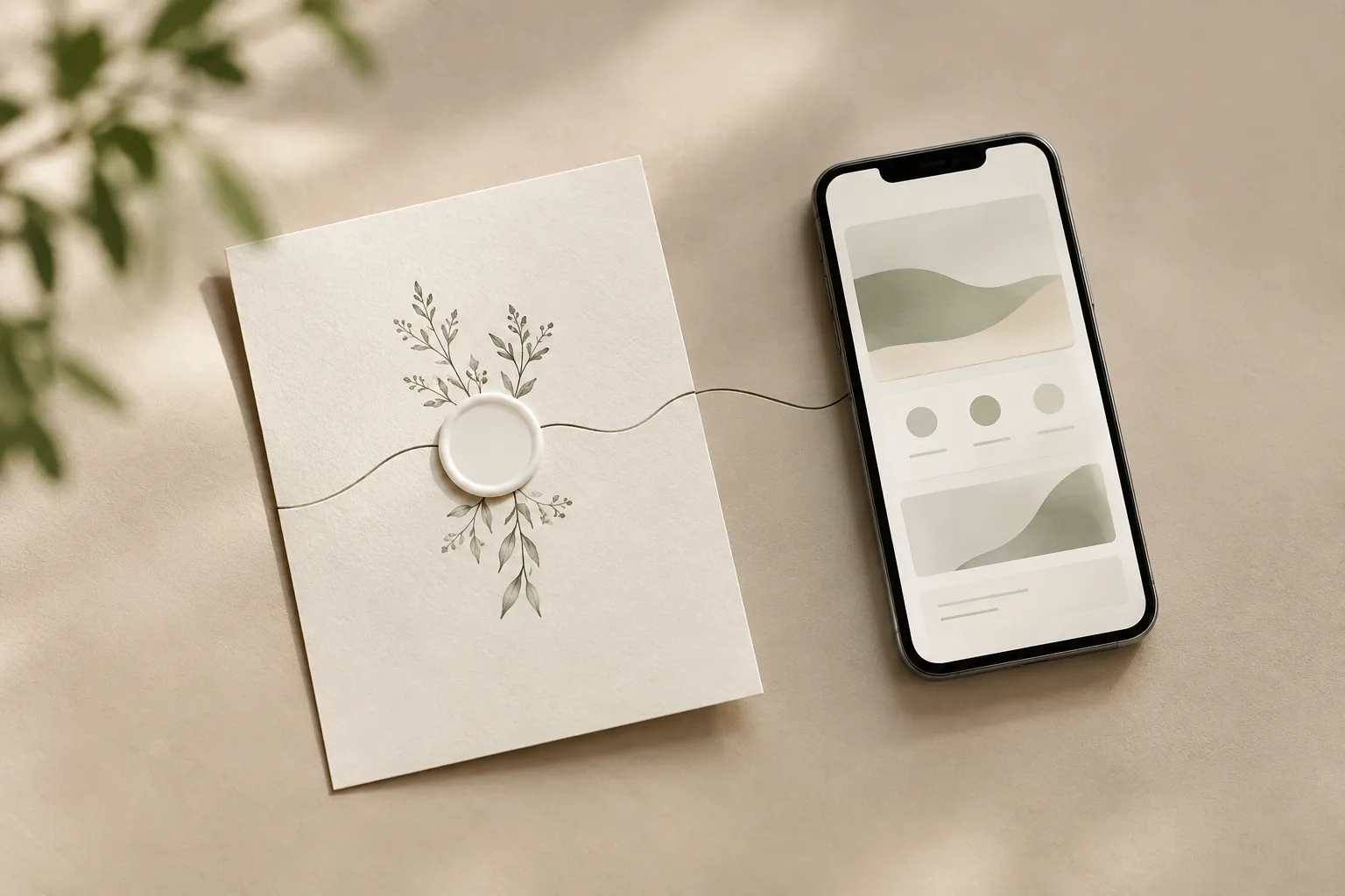 Un invito di matrimonio con rametti e un sigillo senza scritte è accanto a un telefono con forme astratte, collegati da una linea sottile