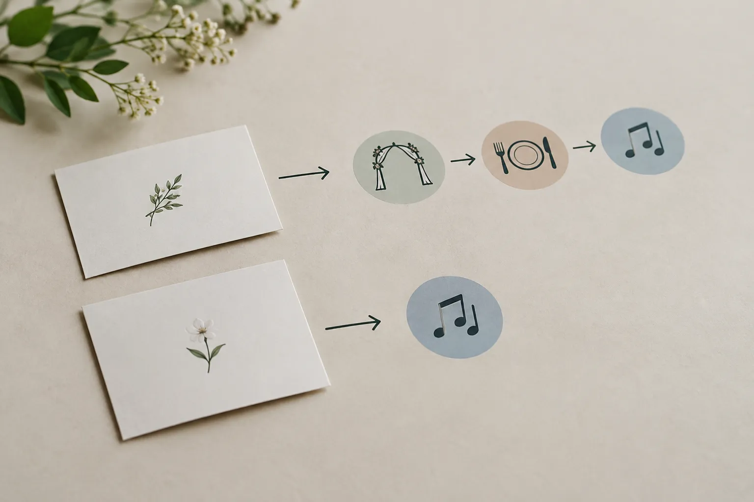 Due biglietti con motivi floreali sono collegati da frecce alle icone di cerimonia, cena e musica, oppure soltanto alla musica