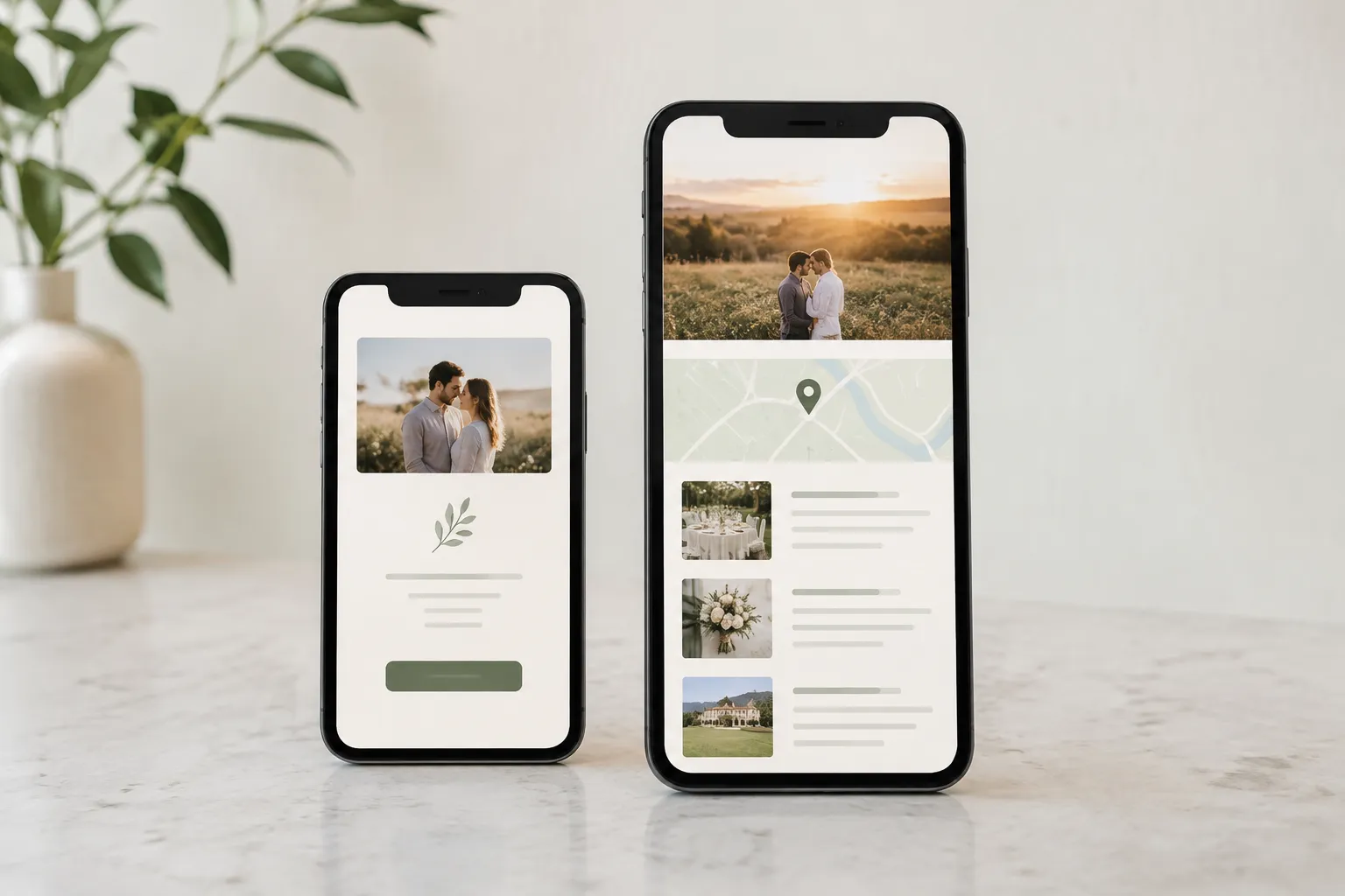 Due smartphone mostrano un invito breve e una pagina del matrimonio più lunga con foto, una mappa e sezioni informative