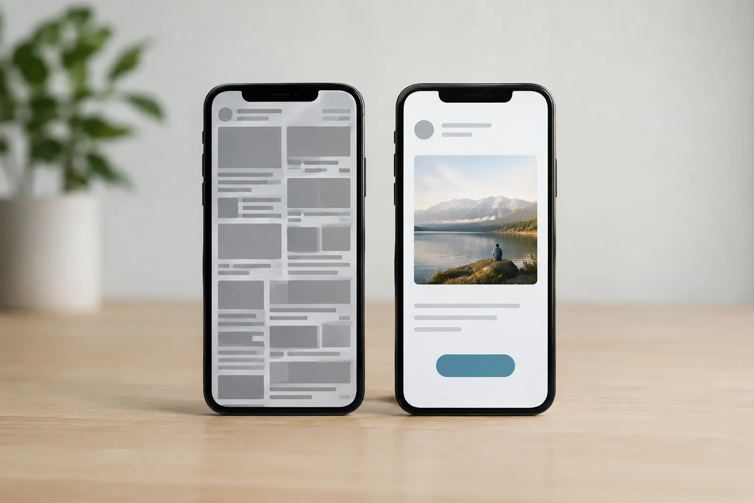 Due smartphone mostrano a sinistra un layout affollato e a destra ampi spazi bianchi, una foto di paesaggio e un pulsante blu